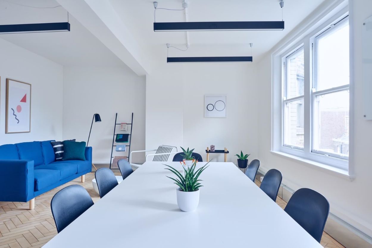web design office with blue furniture